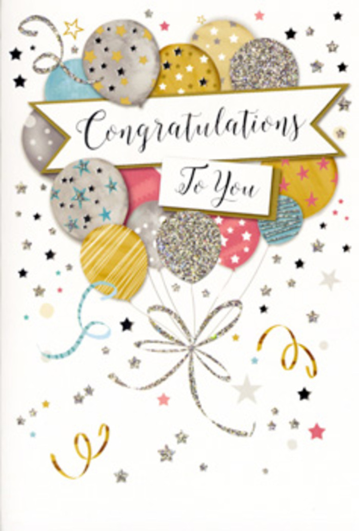 The image shows a refined congratulations card that looks as though a quiet Richmond celebration has been translated into ink and shimmer. A lush cluster of illustrated balloons dominates the scene, rising from the lower portion of the card and fanning out toward the top in a gentle arc. The balloons vary in size and overlap slightly, creating a sense of depth, as if some are drifting a little closer while others float behind. Their colours form a harmonious palette of soft gold, muted silver, champagne beige, powder blue, blush pink, and pale dove grey. Many of the balloons are detailed with delicate embellishments: tiny star patterns that twinkle, slender stripes that curve with the balloon's contour, and fine glitter-like speckling that suggests texture even though the surface is smooth. Each balloon is anchored by a slender ribbon or string rendered in metallic gold and silver, the lines curling naturally as if caught in a gentle breeze along the Thames Path. These ribbons merge into a single, graceful knot near the bottom, visually tying the whole celebration together. Scattered around the balloons, small five-point stars, dots of confetti, and swirling stream motifs add movement against a light, neutral background, reminiscent of soft evening light over Richmond Park. Stretching across the middle is a gently curved banner, lightly shaded to appear as though it's floating among the balloons. On it, the word Congratulations is written in elegant, flowing calligraphy, the lettering slightly bolder to draw the eye but still perfectly in tune with the card's refined mood. The overall effect is of poised, joyful celebration-a card perfectly suited to accompany fresh flowers delivered locally for milestones such as exam success, a new role in a Richmond office, or a special personal achievement quietly cherished at home.