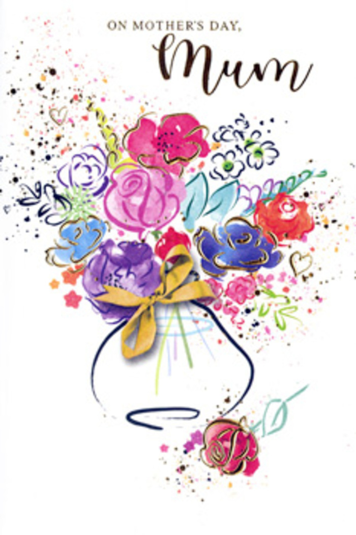 A beautifully expressive Mother's Day card displays a painterly bouquet that looks as if it could have leapt straight from a florist's sketchbook on a sunny morning in Richmond upon Thames. Broad, fluid strokes of hot pink, cerise, and berry red suggest open blooms at their peak, while cooler indigo and cobalt shapes weave between them, giving the impression of depth and shadow without ever losing the lightness of watercolour. Soft dabs of apricot, lemon, and chartreuse peek through, like glimpses of fresh spring foliage seen during a stroll through Richmond Park. Thin ribbons of metallic gold run gracefully along certain petals and leaves, adding a subtle shimmer that mimics sunlight touching dew on freshly cut stems. At the edges of the bouquet, delicate heart motifs and playful specks of colour drift outward, creating the sense that the arrangement is expanding beyond the bounds of the card, just as love for a mother spills into every corner of daily life. The flowers are gathered into a simple vase, painted in translucent washes, its form anchored with a refined golden bow that hints at the care taken in finishing each arrangement at a local Richmond florist. The overall design feels spontaneous yet deeply intentional, every mark carrying affection and gratitude. The white background allows the bouquet to glow like a little piece of spring brought indoors, making this card a keepsake that can accompany breakfast in bed, a riverside lunch, or a quiet afternoon visit in any home across Richmond upon Thames.