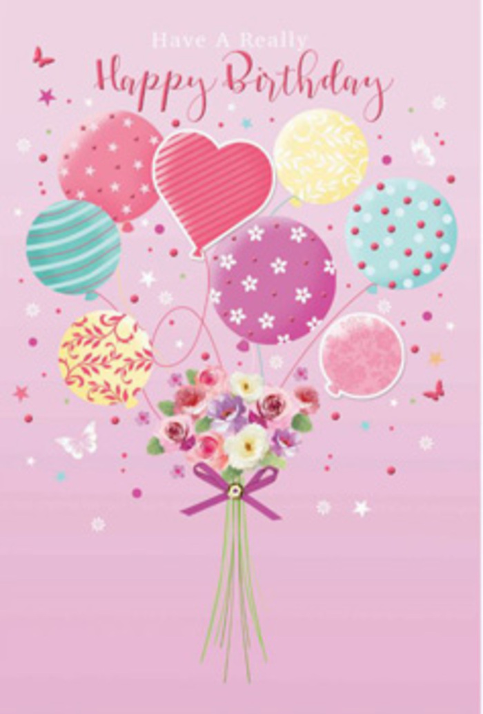 This detailed birthday illustration captures the feeling of a gentle, pastel celebration, as if a bouquet had taken flight over Richmond upon Thames on a soft spring afternoon. The background is a dusky, powdery pink that sets a tranquil stage for the colours to glow. Rising from the lower centre of the image, a cluster of balloons in pale sunshine yellow, rosy fuchsia, and lavender seems to carry a small garden toward the sky. Each balloon is adorned with distinct, cheerful motifs: some are wrapped in swirling striped ribbons, others are speckled with confetti-like polka dots, and a central heart-shaped balloon conveys an unmistakable sense of warmth and affection. At the base, gathered where the balloon ribbons meet, a hand-tied bouquet rests as though suspended mid-air. It features petite roses and soft, daisy-like blooms with velvet petals blending from creamy ivory to deeper rose and mauve, evoking that first flush of morning light spilling through a florist's window near Richmond station. The flowers appear fresh and dewy, their imagined scent sweet and comforting, like standing beside a well-tended garden near the river. A sparkling purple bow ties the stems together, its colour echoing the cooler tones of the balloons above. Tiny butterflies and dustings of star-like details hover around the arrangement, adding movement and whimsy, as if a light breeze has caught them. The scene communicates a feeling of being cherished and celebrated-a birthday greeting that is more than decorative, capturing the artistry, colour harmony, and thoughtful balance a local florist might bring to a bespoke birthday design for a neighbour near the Green or along Kew Road.