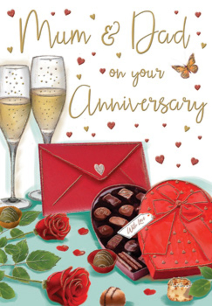 Anniversary card artwork that feels like an intimate Richmond upon Thames family celebration captured in still life form. At the heart of the design, two crimson red roses rest gracefully on a smooth tabletop, their full, layered petals rendered with such depth that you can almost imagine their soft fragrance, much like the scent that lingers around Richmond Park in late summer. The roses are framed by rich green leaves, adding freshness and contrast, echoing the care of a florist selecting the finest stems for a special Mum & Dad anniversary. Just to the side, an open heart-shaped box of chocolates draws the eye, its interior neatly filled with assorted truffles in dark, milk, and caramel tones, each piece shaded to catch a subtle, appetising sheen. The lid leans back slightly, topped with an extravagant red bow that arcs over the curve of the box, suggesting both luxury and affection. Behind this inviting arrangement, two slim champagne flutes stand shoulder to shoulder, filled with golden bubbly; the light glints on the glass, and tiny bubbles rise upward, as if frozen at the exact moment a toast begins. Scattered across the background are small red and gold hearts, drifting like confetti around gently scripted anniversary wishes dedicated to parents. At the base of the composition lies a bright scarlet envelope, poised as though it has just been placed on the table, holding a personal message from the family. The whole scene glows with warm tones of red, gold, and cream, reminiscent of a cosy celebration after a walk along the Thames, and conveys a tender, enduring love that has been cherished over many years.