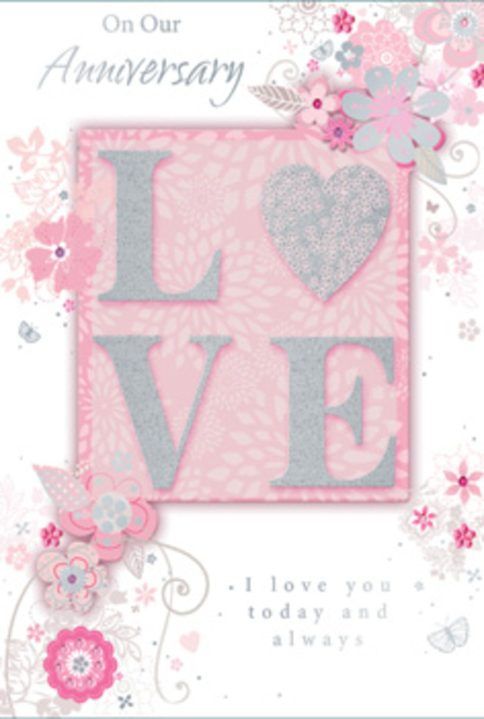 The anniversary card in this image unfolds like a love letter wrapped in petals, its palette of blush pink, lilac-tinted whites, and soft ivory echoing the delicate flowers found in the boutiques around Richmond upon Thames. At the centre, the word LOVE appears in tall, graceful letters, each one edged in frosted glitter that catches the light with a subtle sparkle, creating a tactile, almost velvety ridge your fingertips could follow. Around this central motif, wispy, hand-drawn blossoms drift along the borders of the card, their small petals and fine stamens etched in gentle lines that feel as if a florist has sketched their favourite blooms from a morning delivery. Sprays of leaves and filigree curls weave between the flowers in soft arcs, giving the layout a flowing movement reminiscent of river currents near Richmond Lock. Tucked among the floral flourishes, tiny butterflies and delicate swirls add a hint of playfulness, suggesting the flutter of hearts on an anniversary morning. The message I love you today and always is set in a gracious, understated script that balances the decorative details without competing with them. The background, a soft wash of pinks blending into pearly white, lends the design a luminous, sunlit quality, like light spilling through the windows of a riverside café. Altogether, this card feels like a carefully hand-tied bouquet translated into paper-a romantic keepsake one might choose after selecting fresh roses and seasonal stems from a trusted Richmond florist, ready to be given with quiet gratitude and enduring affection.