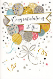 A sophisticated congratulations card is pictured, designed to feel like a pocket-sized celebration in the heart of Richmond upon Thames. The composition centres on a bundle of floating balloons, illustrated so they appear to gently rise from the bottom edge and drift toward the top, as though weightless. The balloons come in soft yet luxurious shades of gold, silver, champagne, sky blue, blush pink, and cool grey, with subtle gradients giving them a rounded, almost three-dimensional glow. Some carry dainty star motifs, others display slender stripes or scattered sparkles, mimicking the way party lights might reflect on balloons at a gathering near Richmond Riverside. The surfaces suggest a mix of satin sheen and fine glitter, inviting the imagination to feel the contrast under the fingertips. Slender, shimmering ribbons in metallic gold and silver extend from each balloon, curling and looping gracefully before meeting in a neat cluster, like tied strings held just out of view. Around this central bouquet, tiny stars, ribbon swirls, and confetti flecks drift across a pale, creamy background, adding a sense of motion and lightness. A softly curved banner stretches through the centre, resting among the balloons, with an elegant Congratulations message written in flowing script that balances formality with warmth. The design leaves pockets of open space, letting the eye rest between the celebratory details, much like quiet corners off Richmond Green where one can pause during a festive day. This is the kind of thoughtful, gently glamorous card a local florist might include with a bouquet to mark graduations, promotions, new beginnings, or any proud moment worthy of heartfelt recognition.