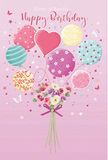 A whimsical birthday scene is illustrated here, recalling the kind of gentle joy you might feel strolling past a flower shop near Richmond Green on a bright morning. The canvas is washed in soft pink, over which a cascade of pastel balloons rises with uplifting energy. Each balloon has its own personality: some swirl with candy-coloured stripes, others sparkle with playful polka dots, and a standout heart-shaped balloon glows warmly at the centre, suggesting love and affection. The balloons are shaded in delicate tones of blush, sea green, lemon, and lavender, their glossy surfaces catching a tender, ambient light. Below this airy parade, a hand-tied bouquet gathers at the base where the ribbons meet, appearing to hover as if held aloft by the balloons. The flowers include petite roses and anemone-like blossoms in creamy ivory, blush pink, and muted mauve, their feathery petals layered and soft, echoing the colours above. A neat violet satin bow secures the stems, adding a polished, decorative flourish that feels both playful and refined. Tiny stars and fluttering butterflies are scattered through the design, lending a hint of fairy-tale magic, as if the scene were unfolding over the rooftops near the Thames. The overall impression is of an airy, sweet, and perfectly festive birthday moment, like a thoughtful greeting connected to a bouquet arriving by same-day delivery across Richmond upon Thames-light-hearted but deeply sincere, and designed to make the recipient feel remembered, uplifted, and quietly delighted.