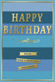 This elegant birthday card is presented in calming bands of blue, layered like a tranquil Richmond upon Thames skyline at dusk. Deep navy, denim, teal, and pale sky blue stretch across the design in wide horizontal stripes, each one blending softly into the next to create a sense of depth and quiet movement. In the centre, the greeting HAPPY BIRTHDAY is embossed in large, confident gold letters, the metallic finish catching the light with a gentle shimmer, similar to the sun dancing on the Thames near Richmond's riverside walkways. Just beneath this main message sits a fine, curling golden flourish, adding a nod to vintage charm and hinting at careful craftsmanship. Lower down, three narrow golden banners appear one beneath another, each ribbon shining with a satin-like sheen and carrying a simple, heartfelt reminder: Relax, have a great day and enjoy! A slim gold border traces the outer edge of the card, framing the composition with a sense of completion and elegance. The combination of matte blues and reflective gold details creates a pleasing contrast, suggesting both restfulness and celebration. You can imagine this card resting beside a vase of birthday flowers in a Richmond kitchen, perhaps freshly delivered for an early-morning surprise. Nothing about the design is loud or overwhelming; instead, it offers a soothing, thoughtful way to mark a birthday, echoing the gentle, unhurried character of Richmond upon Thames.