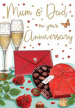 Luxuriously illustrated anniversary card portraying a romantic table scene for Mum & Dad, infused with the gentle warmth of a Richmond upon Thames evening at home. In the foreground, two vivid red roses lie slightly overlapping, their petals plush, layered, and almost touchable, surrounded by deep green leaves that bring in the freshness and texture a florist knows so well. Just beside them, a heart-shaped chocolate box sits open, its contours smooth and inviting, with rows of round, neatly arranged truffles glowing in rich cocoa shades. The box is wrapped in an opulent red ribbon, tied into a generous bow that spills elegantly over the edge, hinting at indulgence and shared treats. Behind this, two tall champagne flutes stand close together, filled with golden sparkling wine; light reflects softly off the slender glass stems, and the bubbles captured inside suggest a celebratory toast caught in a single, joyful moment. Floating around the central scene, tiny red and gold hearts dance across the soft background, framing thoughtful anniversary wording dedicated to beloved parents. At the lower edge, a bold scarlet envelope is placed at a slight angle, the crisp fold of its flap hinting at a handwritten message of thanks and affection from children or grandchildren. The colour palette of ruby, gold, and cream creates a sense of refined festivity, like a family gathering after a stroll along the river or through the lanes near Richmond Green. Overall, the card radiates tenderness, gratitude, and the happiness of marking another year of marriage surrounded by love.